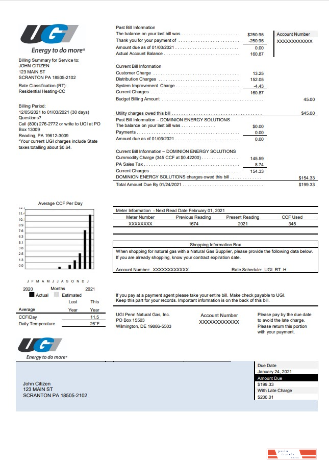 USA Pennsylvania UGI Utilities utility bill template in Word and PDF format
